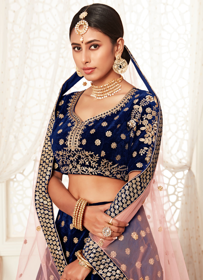 Opulent Navy Blue Velvet Embroidered Bridal Lehenga Choli