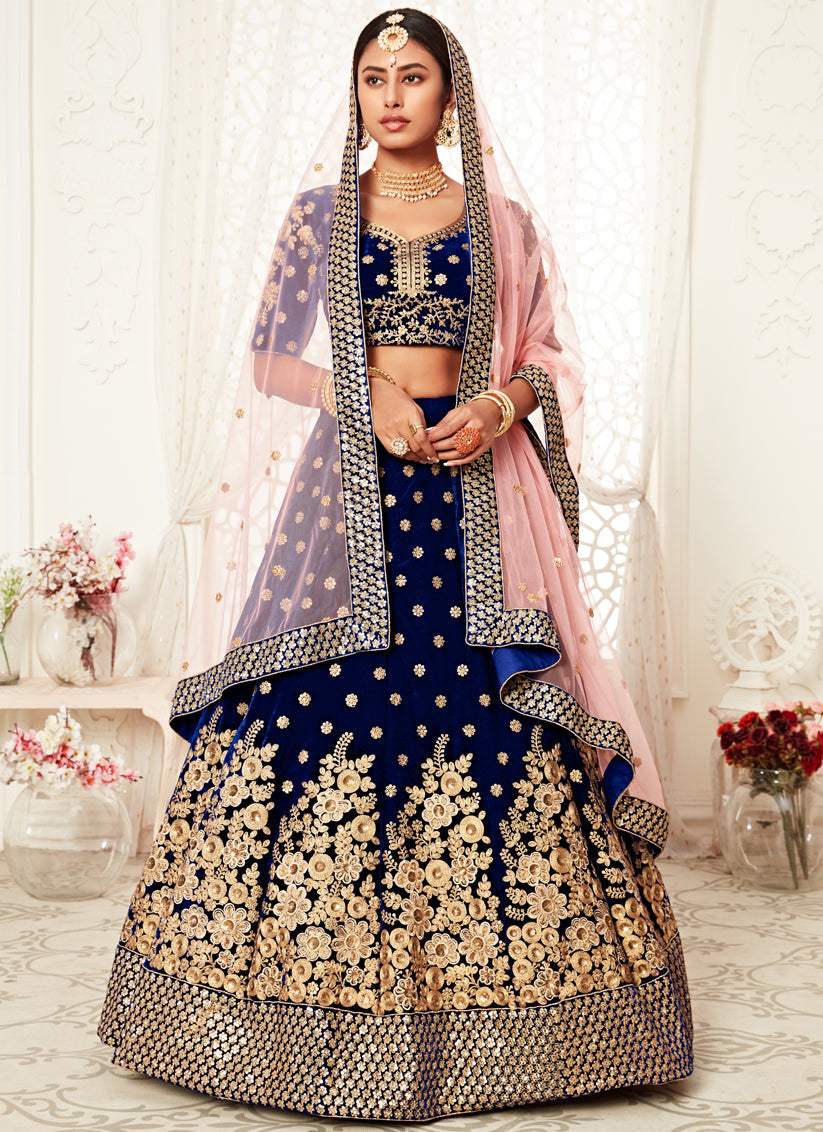 Opulent Navy Blue Velvet Embroidered Bridal Lehenga Choli