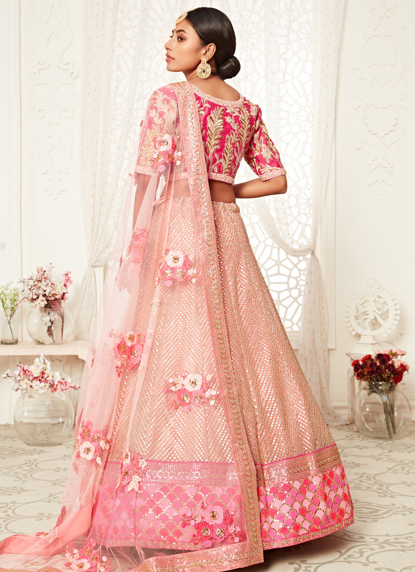 Striking Pink Soft Net Embroidered Bridal Lehenga Choli