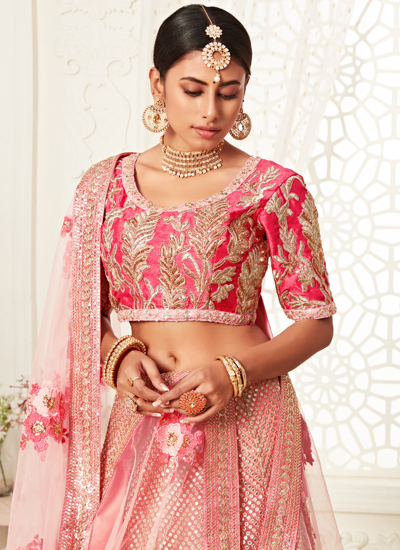 Striking Pink Soft Net Embroidered Bridal Lehenga Choli