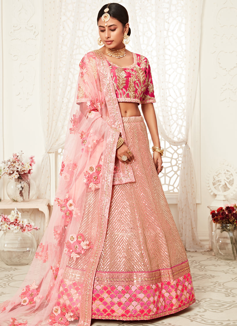 Striking Pink Soft Net Embroidered Bridal Lehenga Choli
