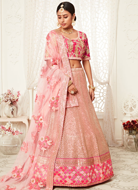 Striking Pink Soft Net Embroidered Bridal Lehenga Choli