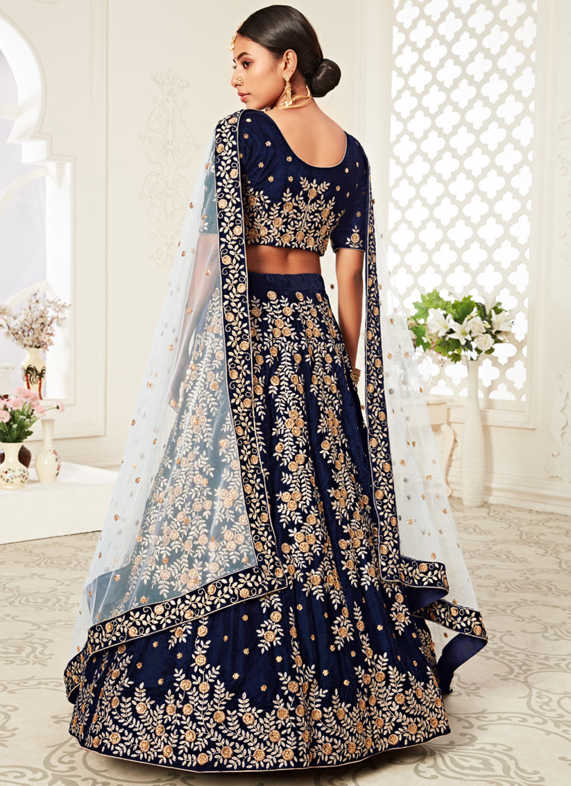 Flawless Navy Blue Velvet Embroidered Bridal Lehenga Choli