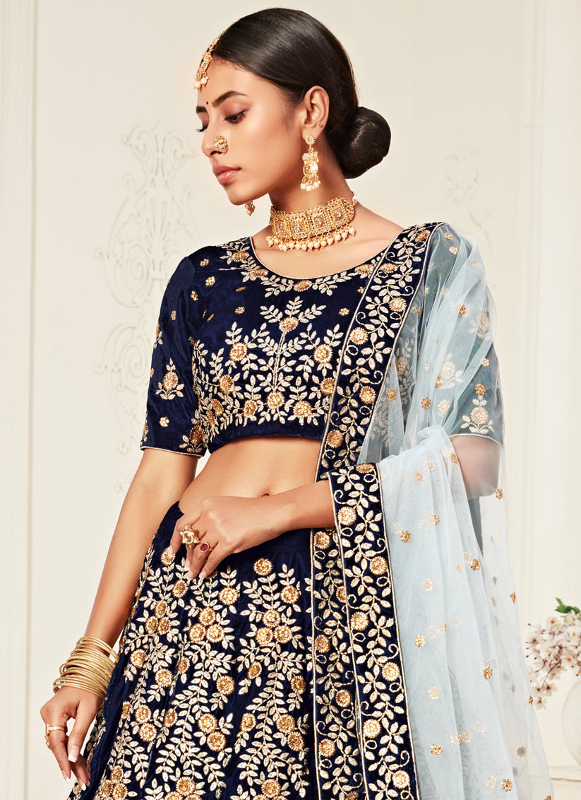 Flawless Navy Blue Velvet Embroidered Bridal Lehenga Choli