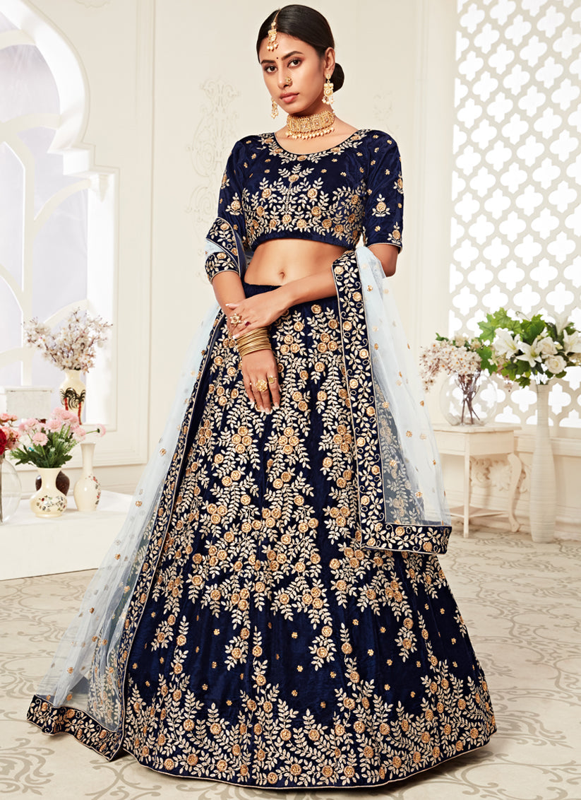 Flawless Navy Blue Velvet Embroidered Bridal Lehenga Choli