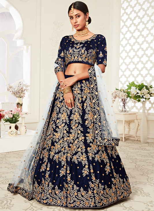 Flawless Navy Blue Velvet Embroidered Bridal Lehenga Choli