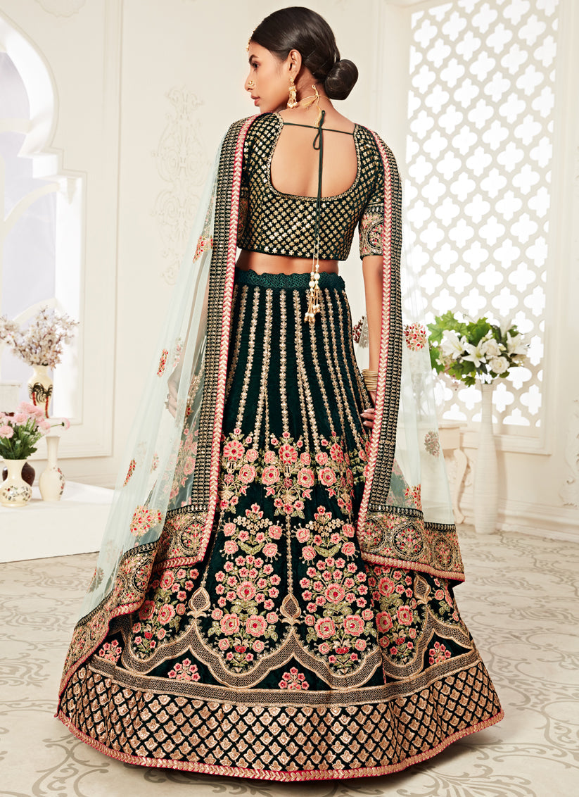 Exquisite Green Velvet Embroidered Bridal Lehenga Choli
