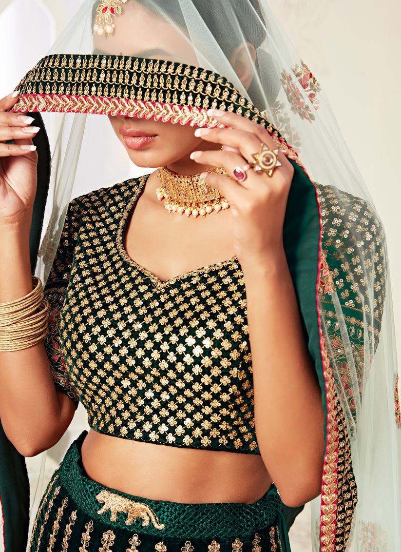 Exquisite Green Velvet Embroidered Bridal Lehenga Choli