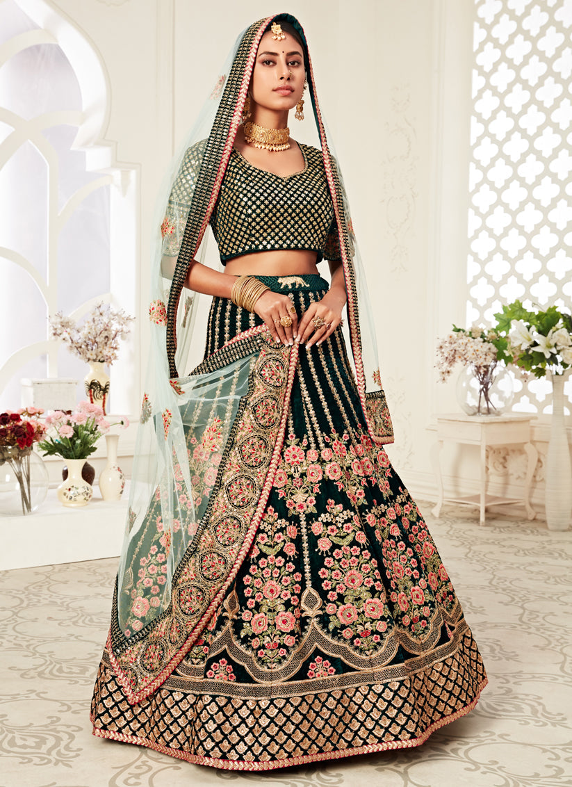 Exquisite Green Velvet Embroidered Bridal Lehenga Choli