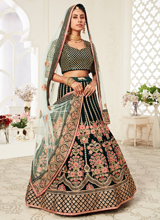 Exquisite Green Velvet Embroidered Bridal Lehenga Choli