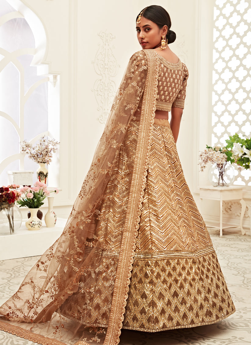 Charismatic Brown Slub Silk Embroidered Bridal Lehenga Choli