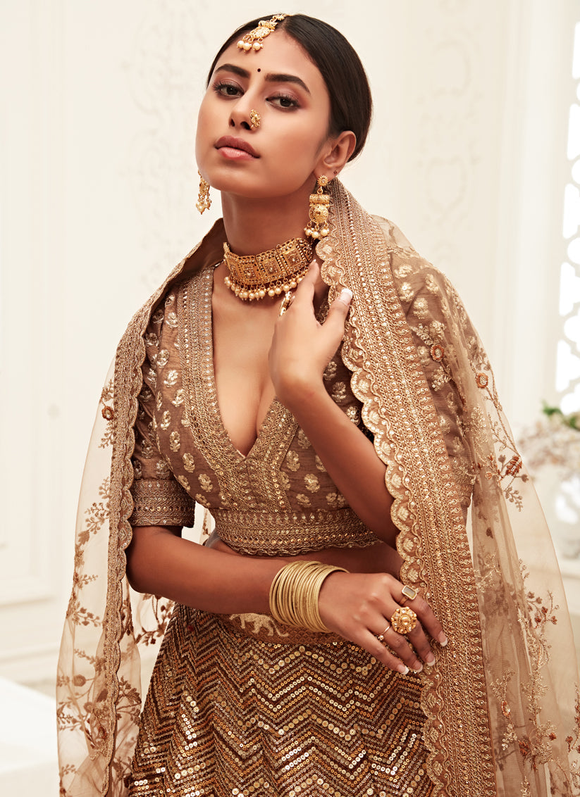 Charismatic Brown Slub Silk Embroidered Bridal Lehenga Choli