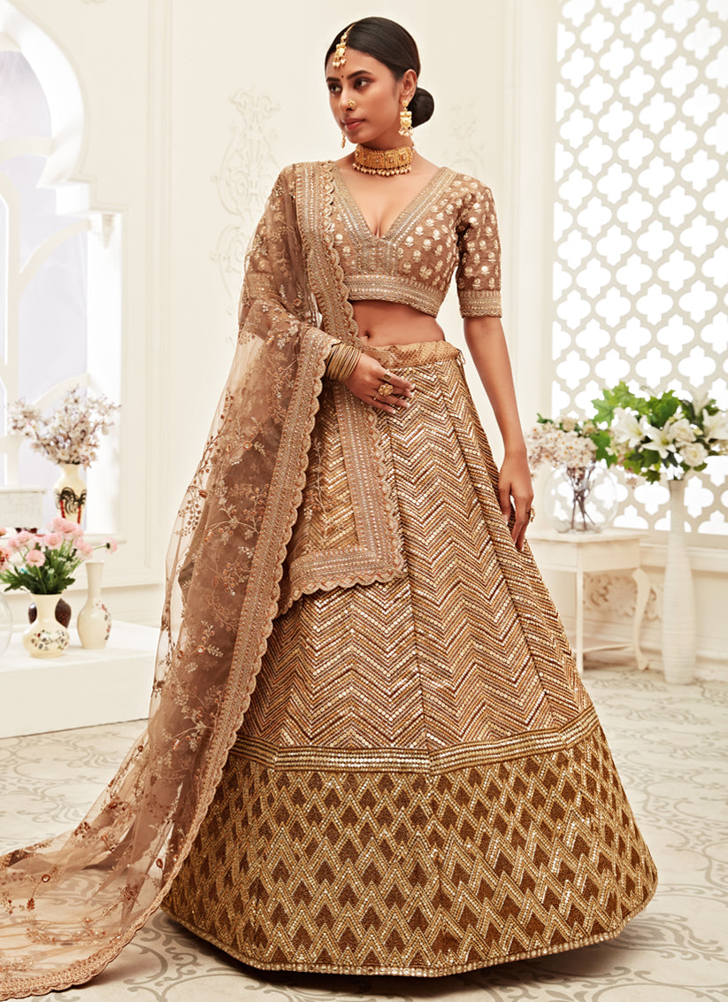 Charismatic Brown Slub Silk Embroidered Bridal Lehenga Choli