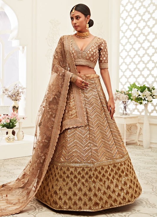 Charismatic Brown Slub Silk Embroidered Bridal Lehenga Choli