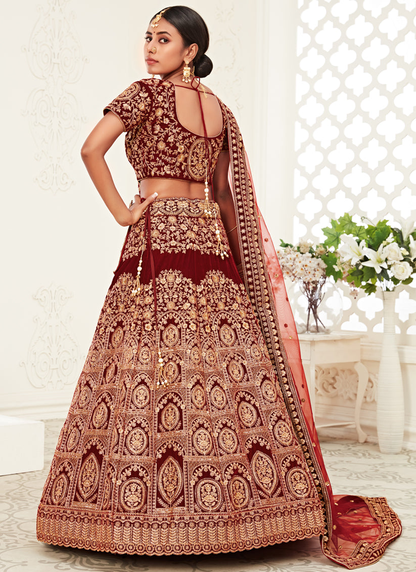 Spectacular Red Velvet Embroidered Bridal Lehenga Choli
