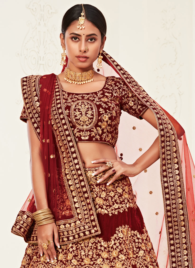 Spectacular Red Velvet Embroidered Bridal Lehenga Choli