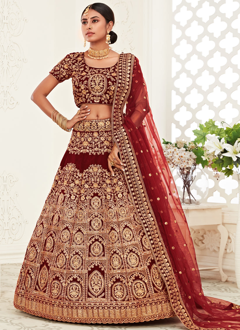 Spectacular Red Velvet Embroidered Bridal Lehenga Choli
