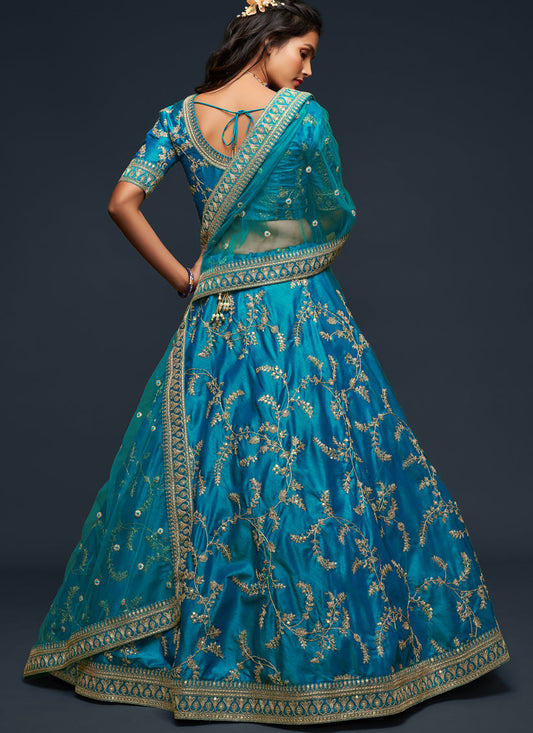 Pretty Teal Blue Art Silk Wedding Lehenga Choli