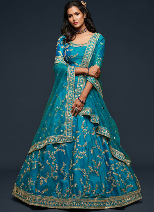 Pretty Teal Blue Art Silk Wedding Lehenga Choli