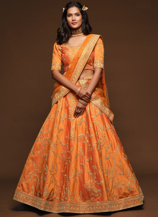 Captivating Orange Art Silk Wedding Lehenga Choli
