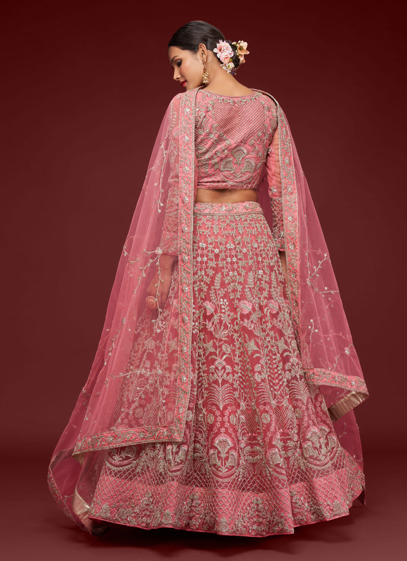 Impeccable Rose Pink Net Embroidered Designer Lehenga Choli