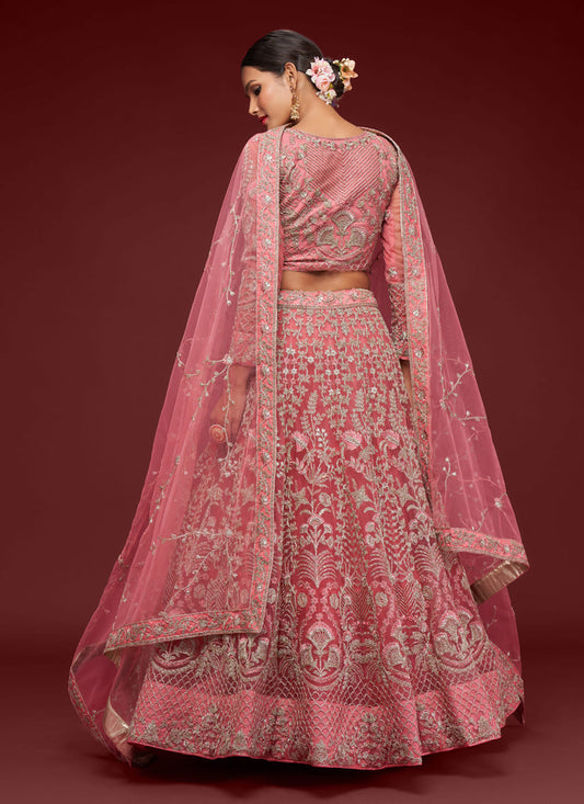 Impeccable Rose Pink Net Embroidered Designer Lehenga Choli