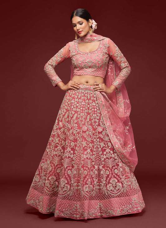 Impeccable Rose Pink Net Embroidered Designer Lehenga Choli