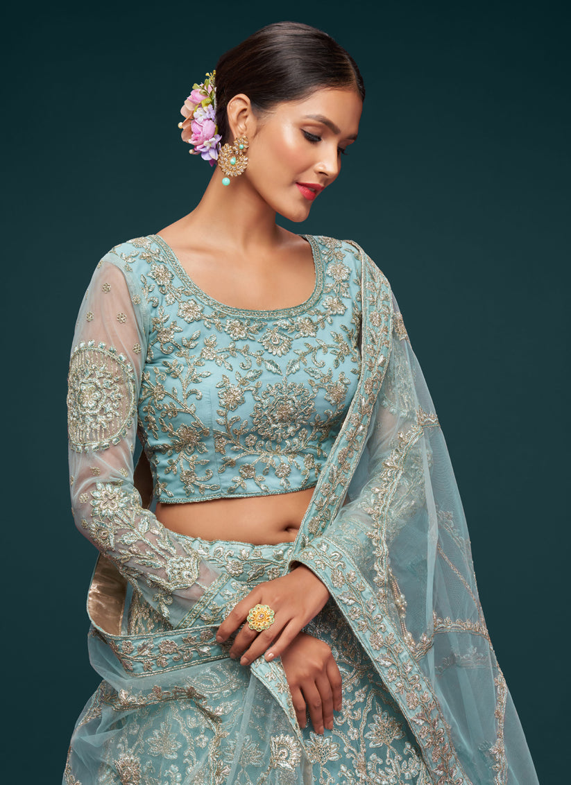 Outstanding Aqua Blue Net Embroidered Designer Lehenga Choli