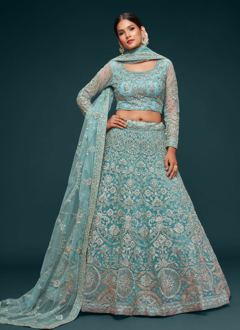 Outstanding Aqua Blue Net Embroidered Designer Lehenga Choli
