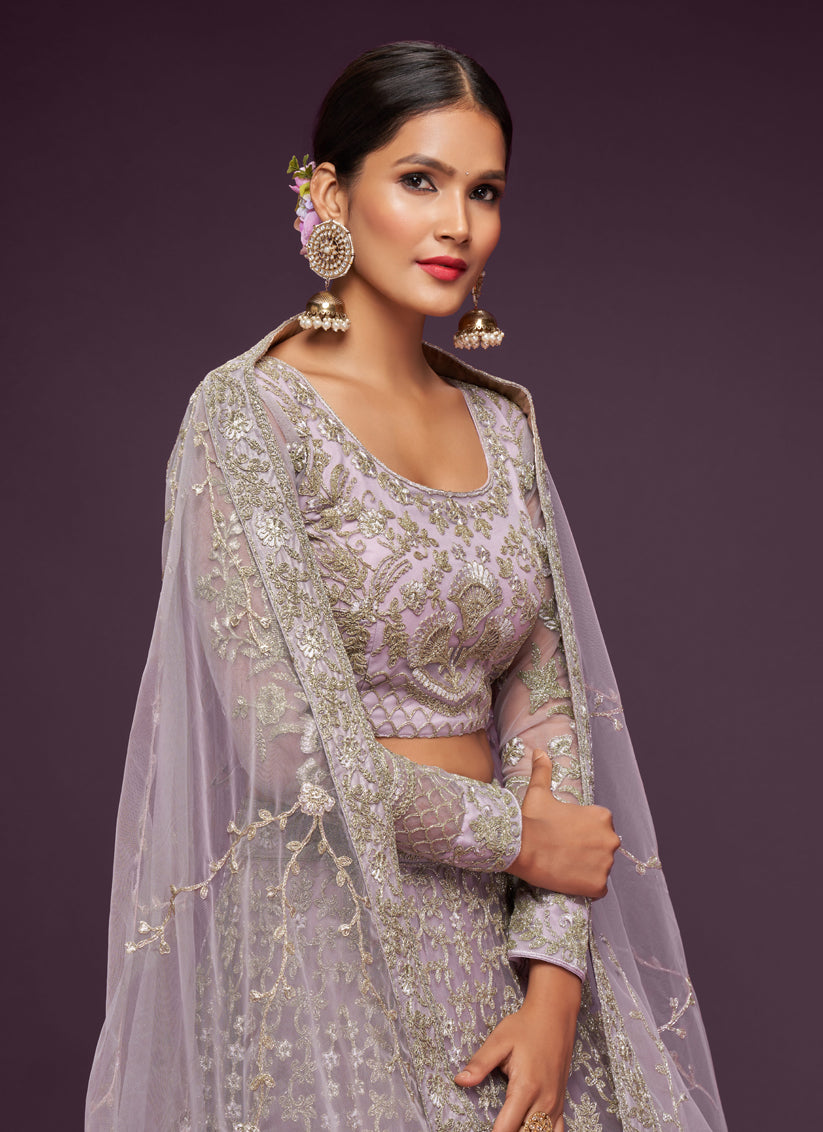 Dazzling Dusty Orchid Net Embroidered Designer Lehenga Choli