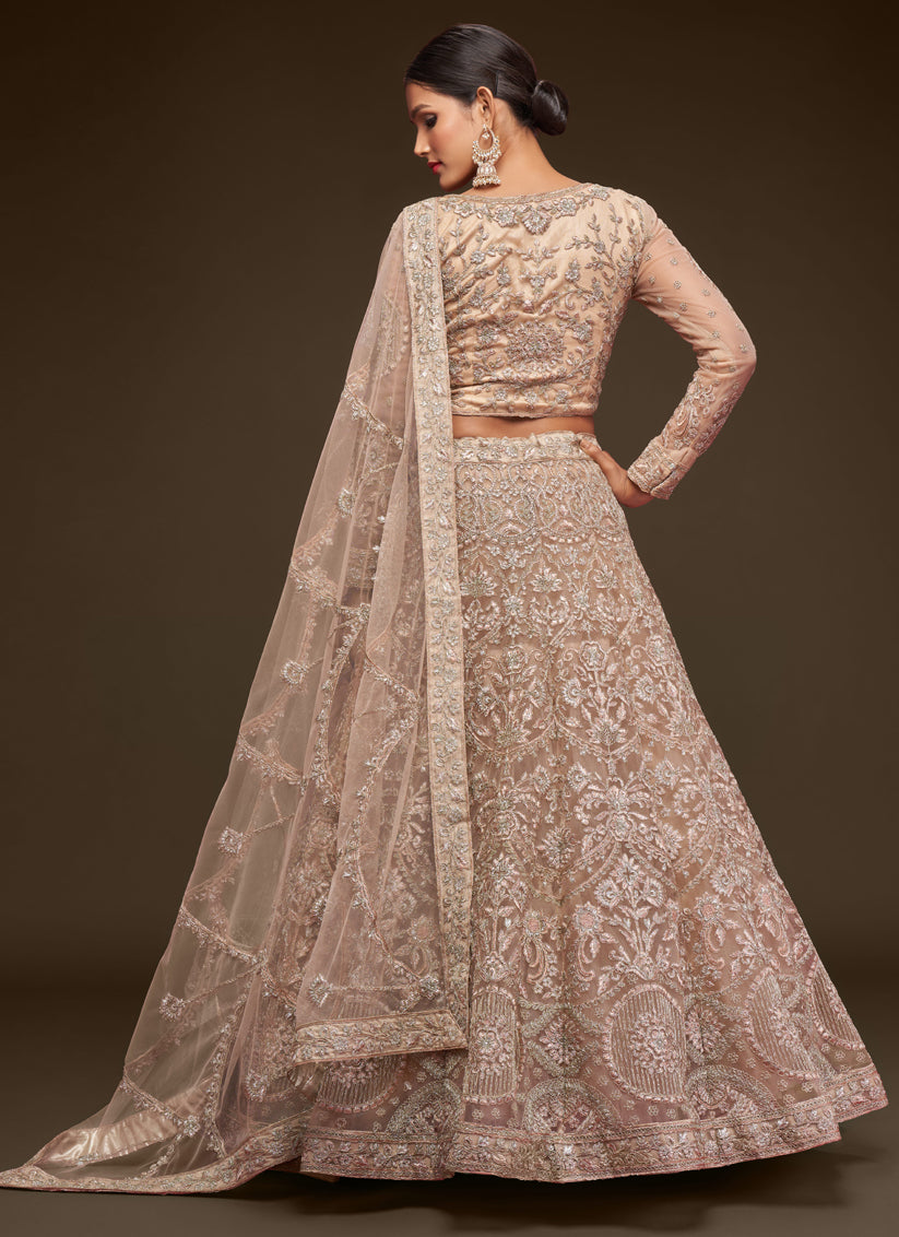 Incredible Beige Net Embroidered Designer Lehenga Choli