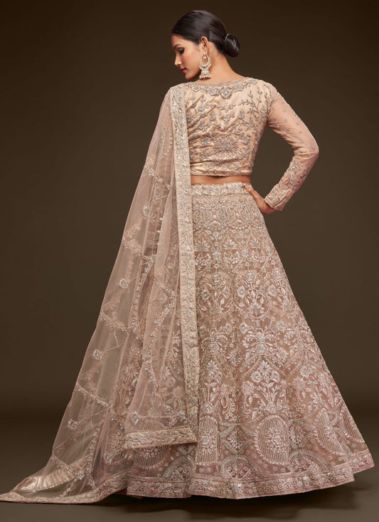 Incredible Beige Net Embroidered Designer Lehenga Choli