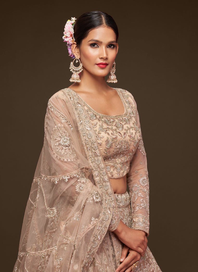 Incredible Beige Net Embroidered Designer Lehenga Choli