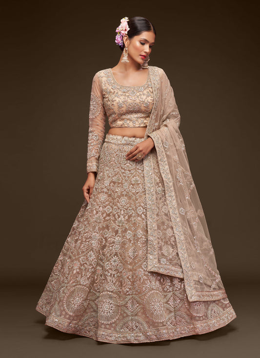 Incredible Beige Net Embroidered Designer Lehenga Choli