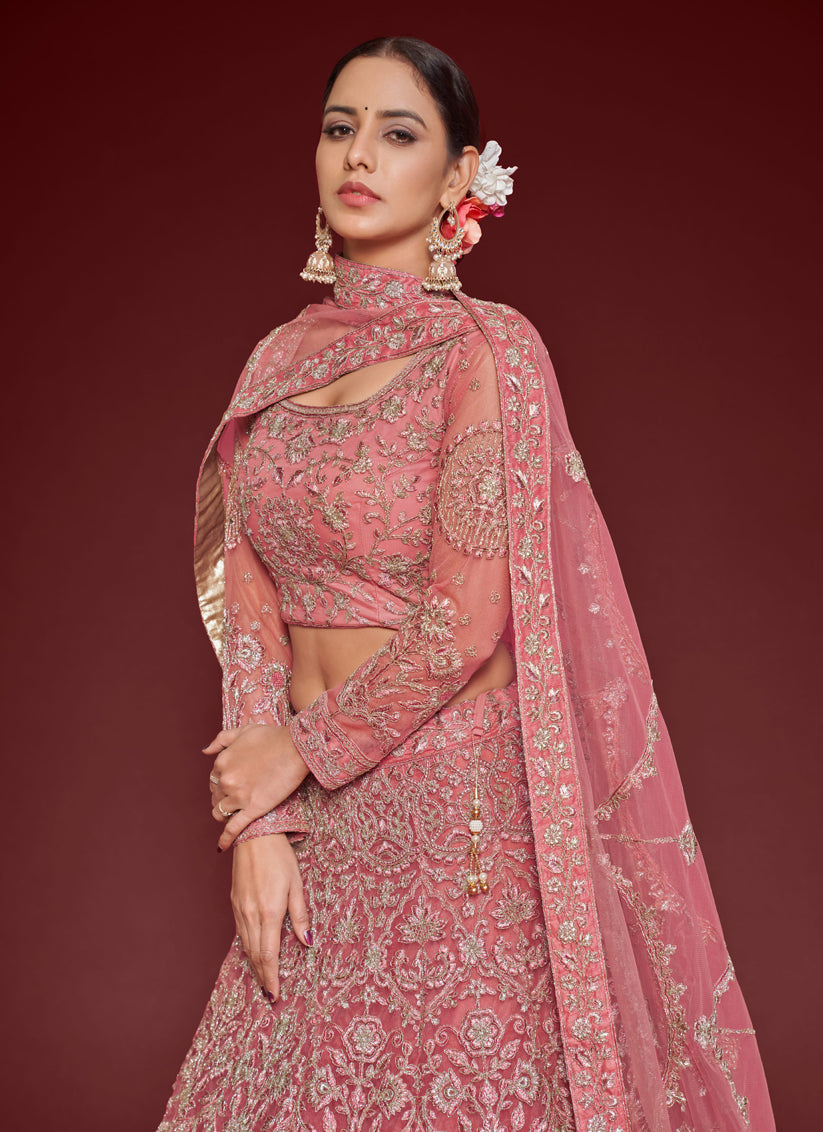 Gorgeous Rose Pink Net Embroidered Designer Lehenga Choli