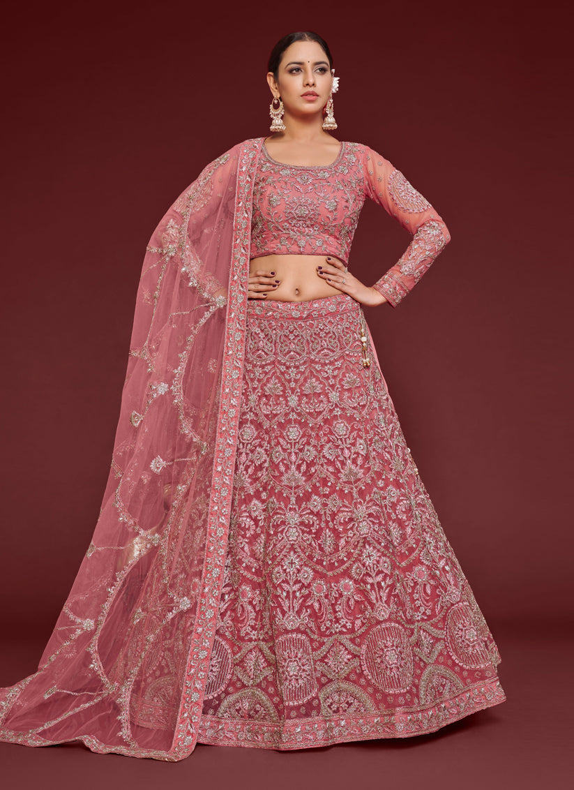 Gorgeous Rose Pink Net Embroidered Designer Lehenga Choli