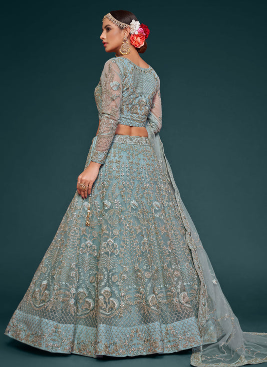 Marvelous Aqua Blue Net Embroidered Designer Lehenga Choli