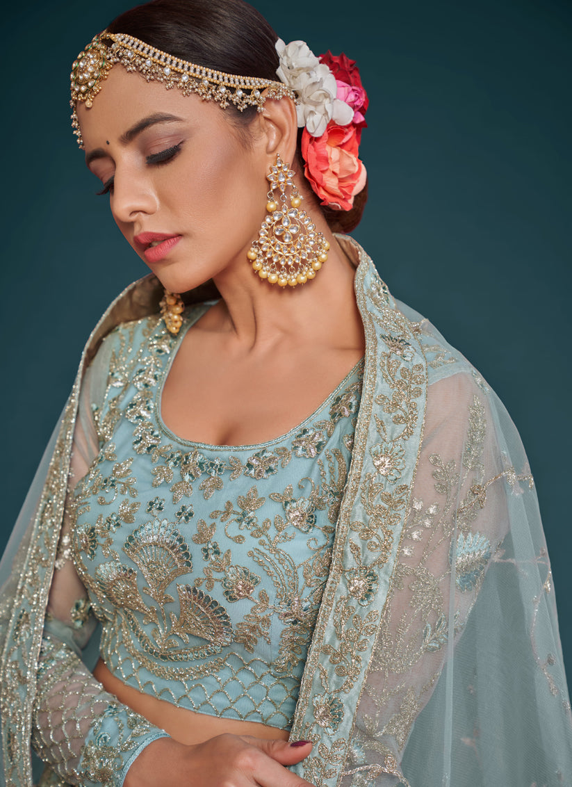 Marvelous Aqua Blue Net Embroidered Designer Lehenga Choli