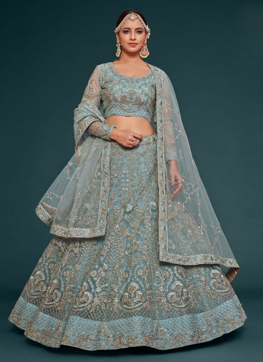 Marvelous Aqua Blue Net Embroidered Designer Lehenga Choli