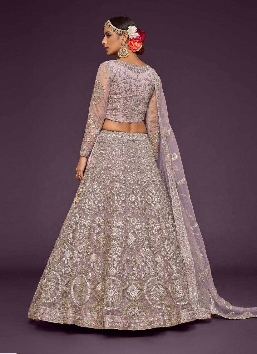 Lovely Dusty Orchid Net Embroidered Designer Lehenga Choli