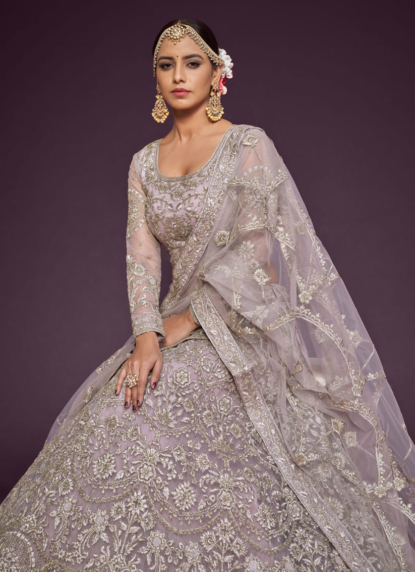 Lovely Dusty Orchid Net Embroidered Designer Lehenga Choli