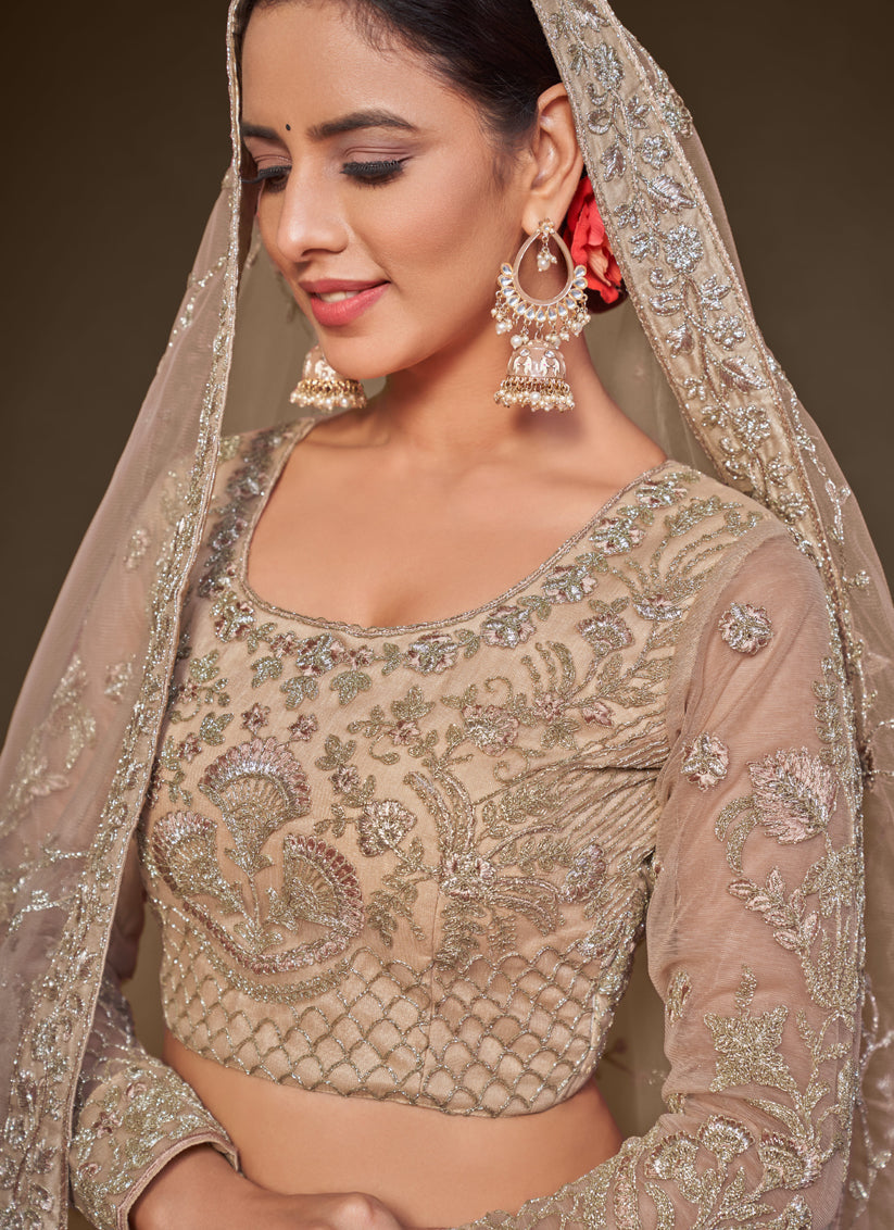 Bewitching Beige Net Embroidered Designer Lehenga Choli
