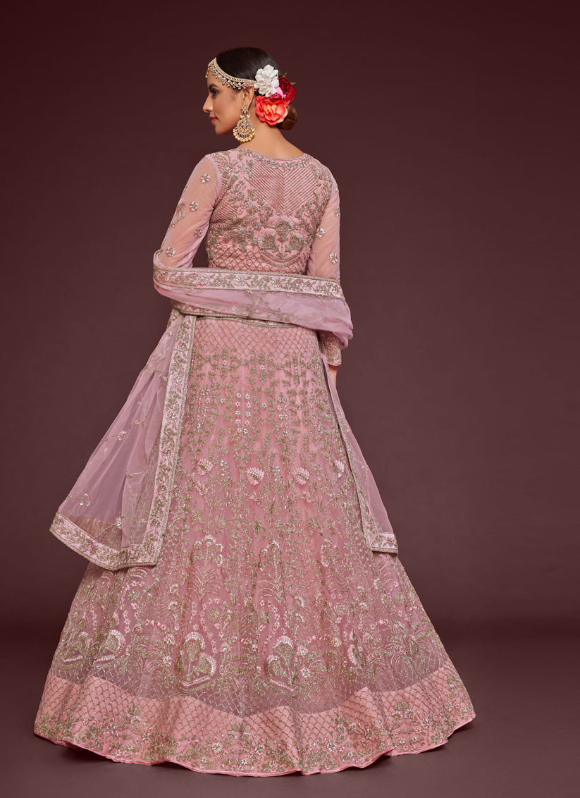 Fascinating Pearl Pink Net Embroidered Designer Lehenga Choli