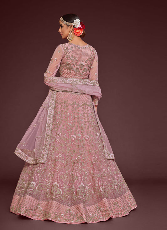 Fascinating Pearl Pink Net Embroidered Designer Lehenga Choli