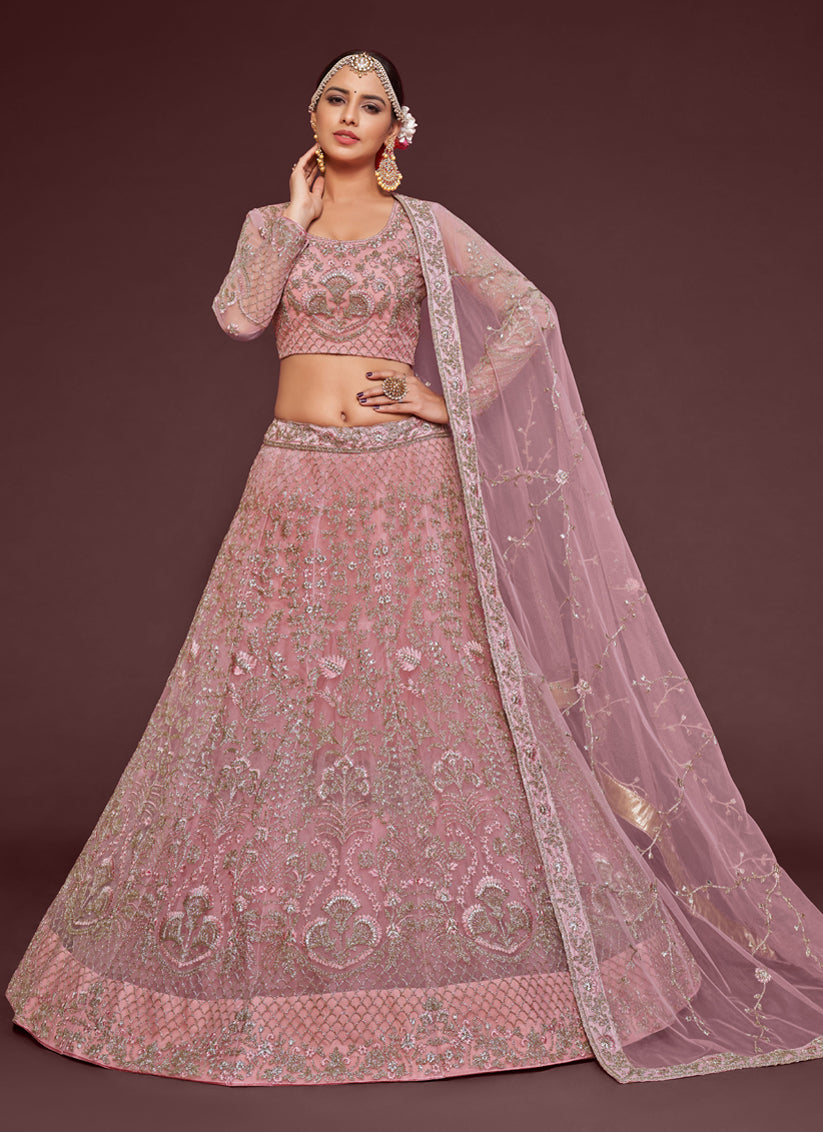 Fascinating Pearl Pink Net Embroidered Designer Lehenga Choli