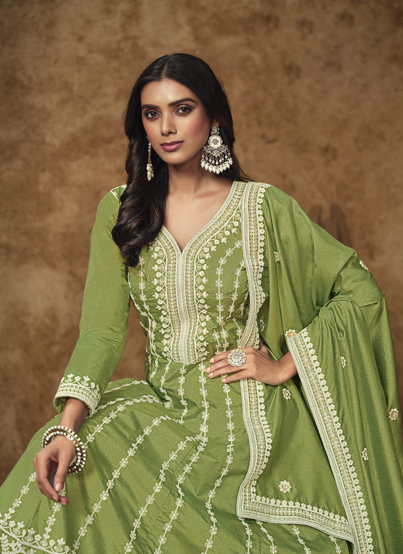 pistachio green dola silk embroidered gown with dupatta