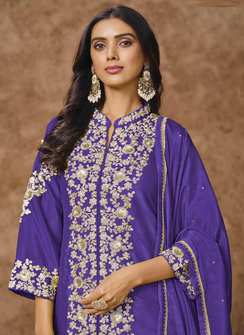 violet chinnon silk embroidered palazzo kameez