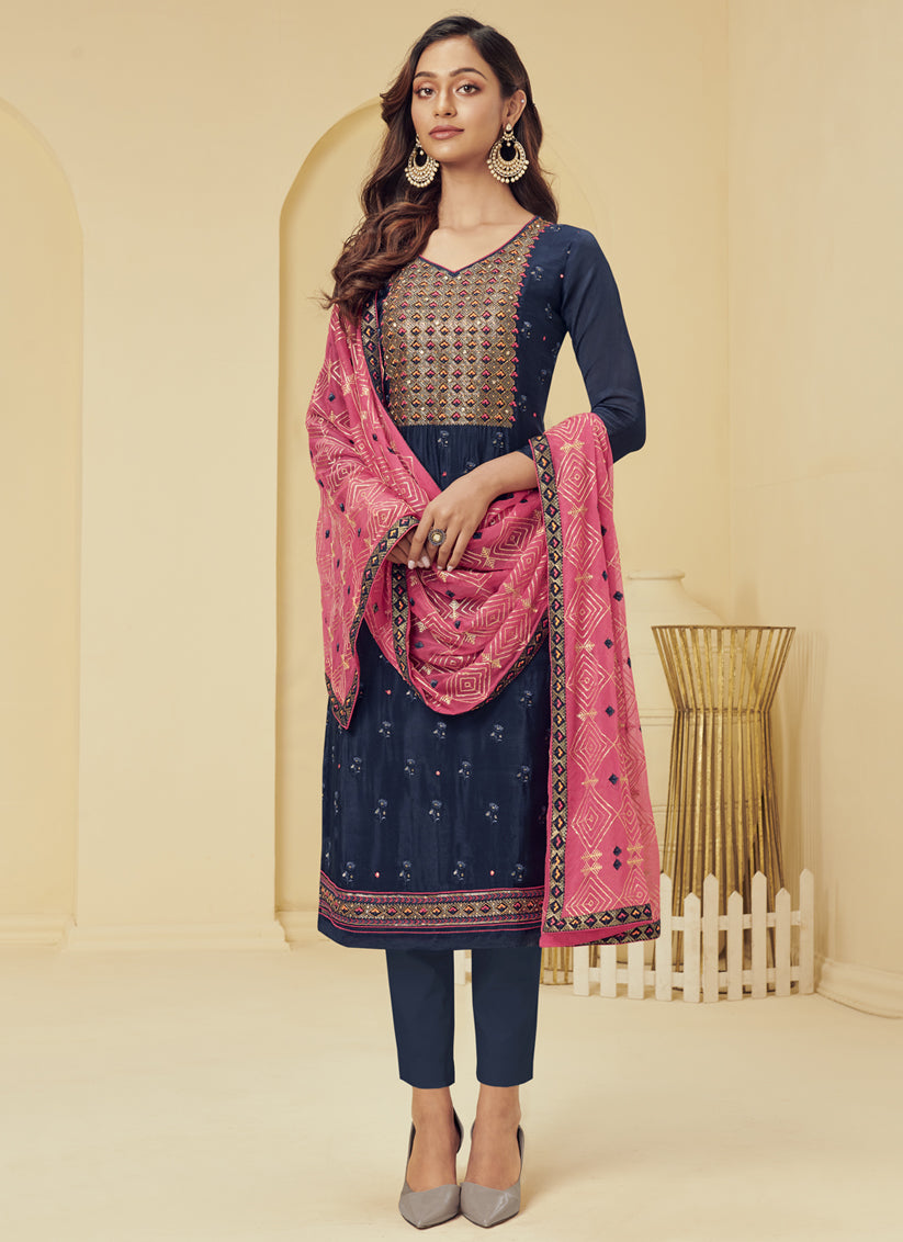 Midnight Blue Georgette Embroidered Pant Kameez Set