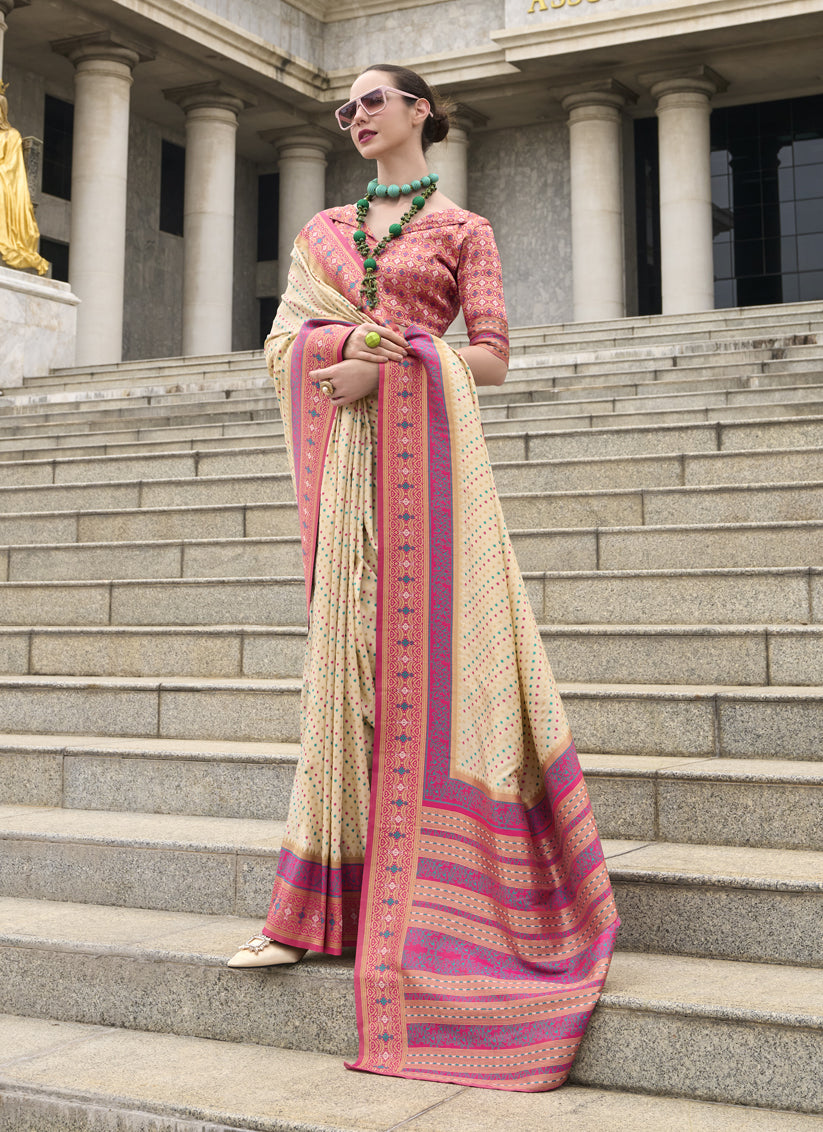 Cream Banarasi Silk Woven Saree