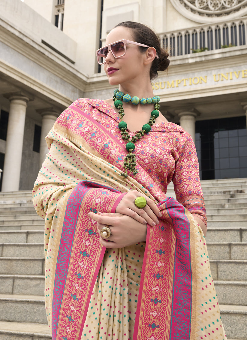 Cream Banarasi Silk Woven Saree